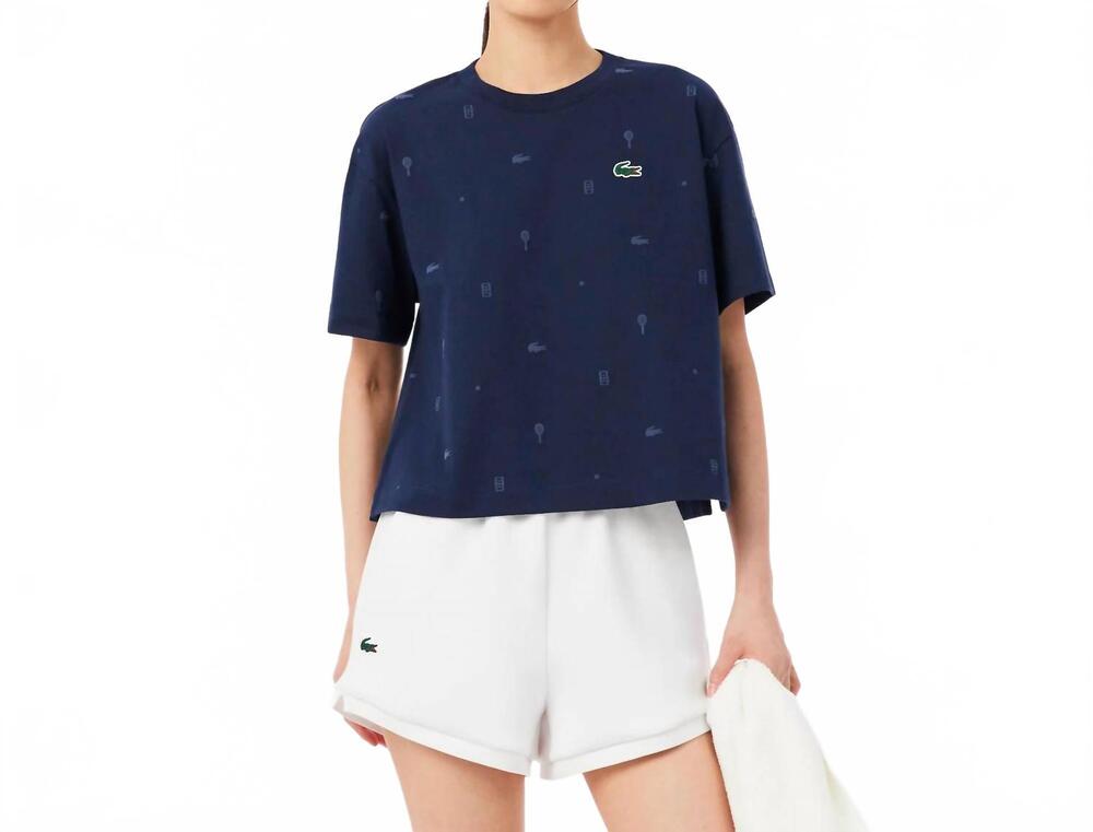 NEW LACOSTE cropped allover print tee in navy